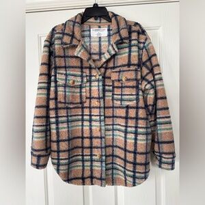 Sweatshirt Project Plaid Teddy Jacket in Tan and Blue women’s large